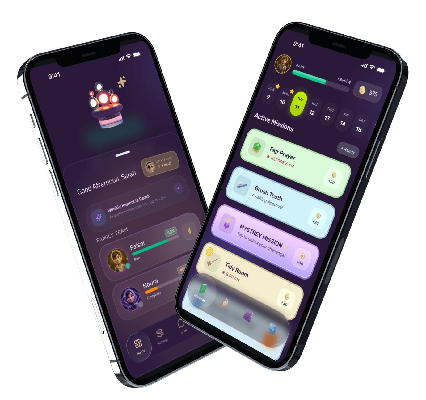 Two phones showing a parent's Kibu home screen and a child's mission dashboard