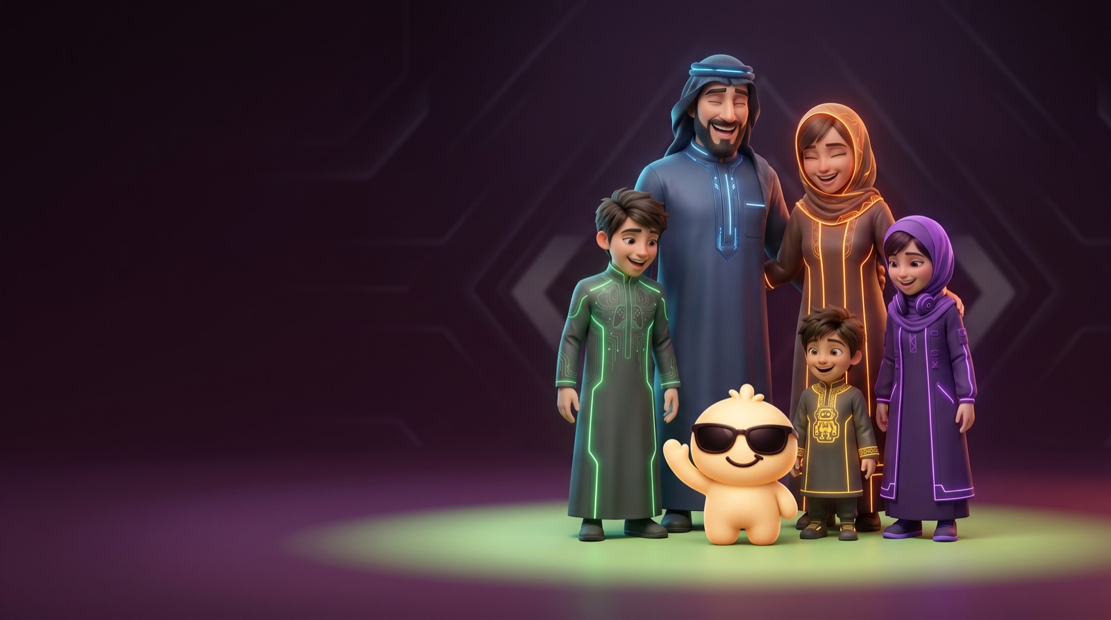 A family laughing with Kibu, the app's mascot, standing among them
