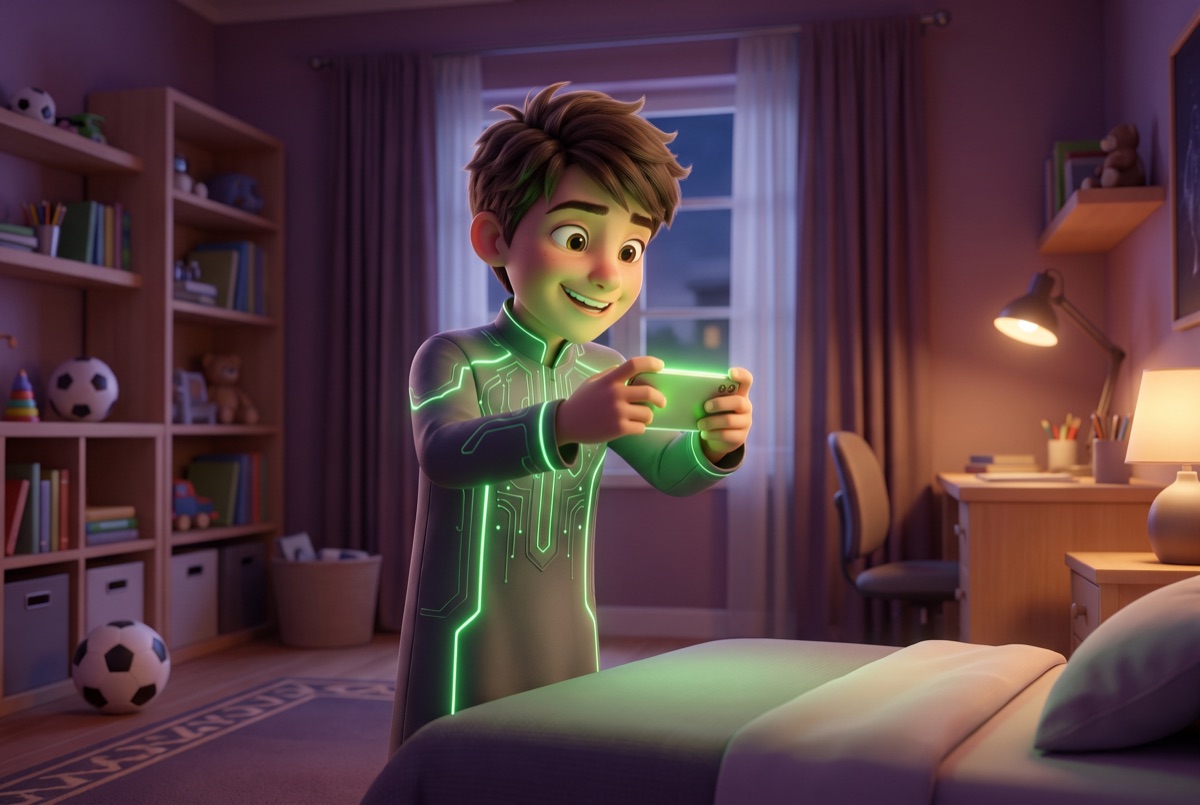A boy photographing his freshly tidied bedroom with his phone