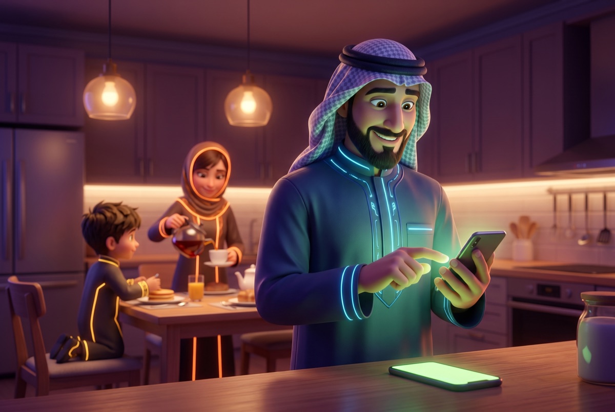 A father approving a mission on his phone while the rest of the family have breakfast