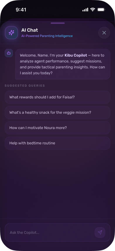 The Kibu Copilot chat suggesting parenting questions