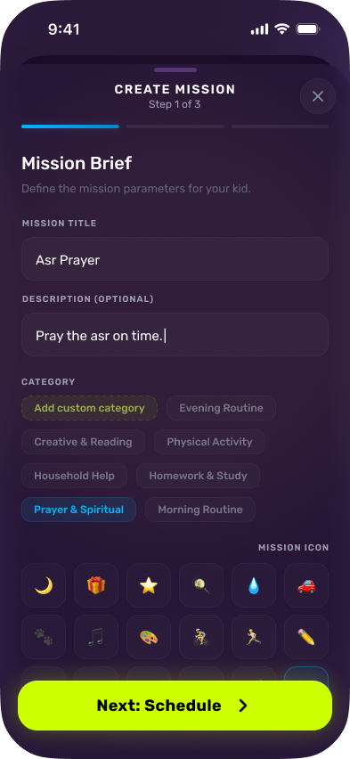 A parent creating a mission in Kibu, naming it and picking a category