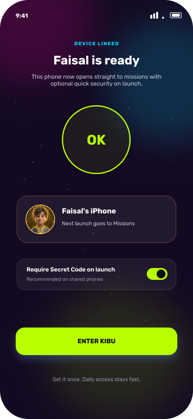 A child's phone confirming it is linked to their family and ready to open straight to missions