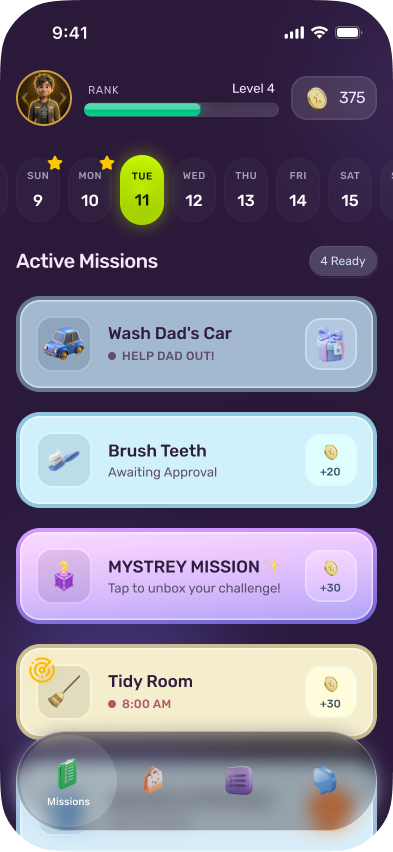A child's Kibu dashboard listing the day's active missions