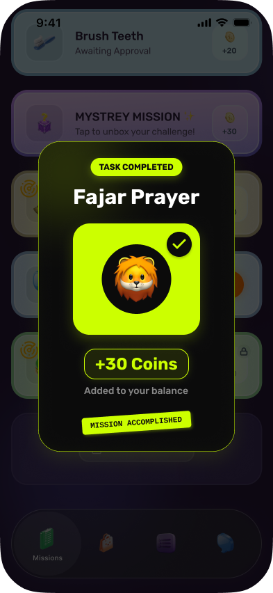 A Kibu mission-accomplished card awarding a child thirty coins